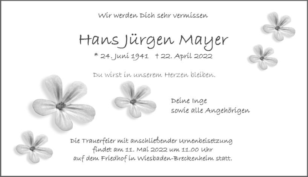  Traueranzeige für Hans Jürgen Mayer vom 07.05.2022 aus vrm-trauer Wiesbadener Kurier