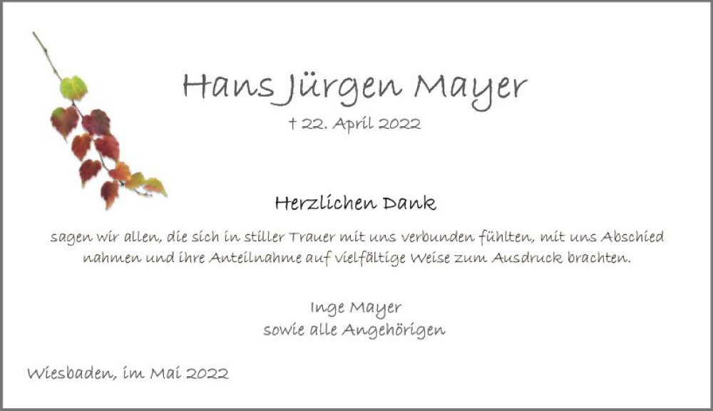  Traueranzeige für Hans Jürgen Mayer vom 28.05.2022 aus vrm-trauer Wiesbadener Kurier