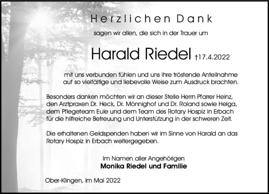 Traueranzeige von Harald Riedel von vrm-trauer Darmstädter Echo