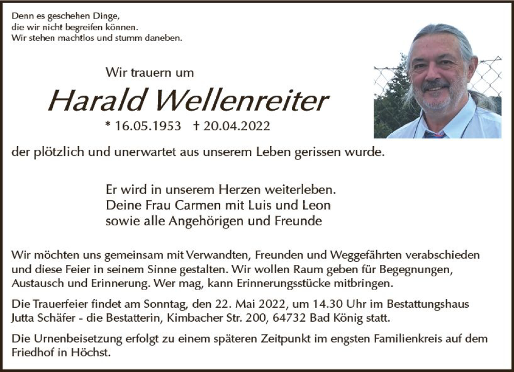  Traueranzeige für Harald Wellenreiter vom 14.05.2022 aus vrm-trauer Odenwälder Echo