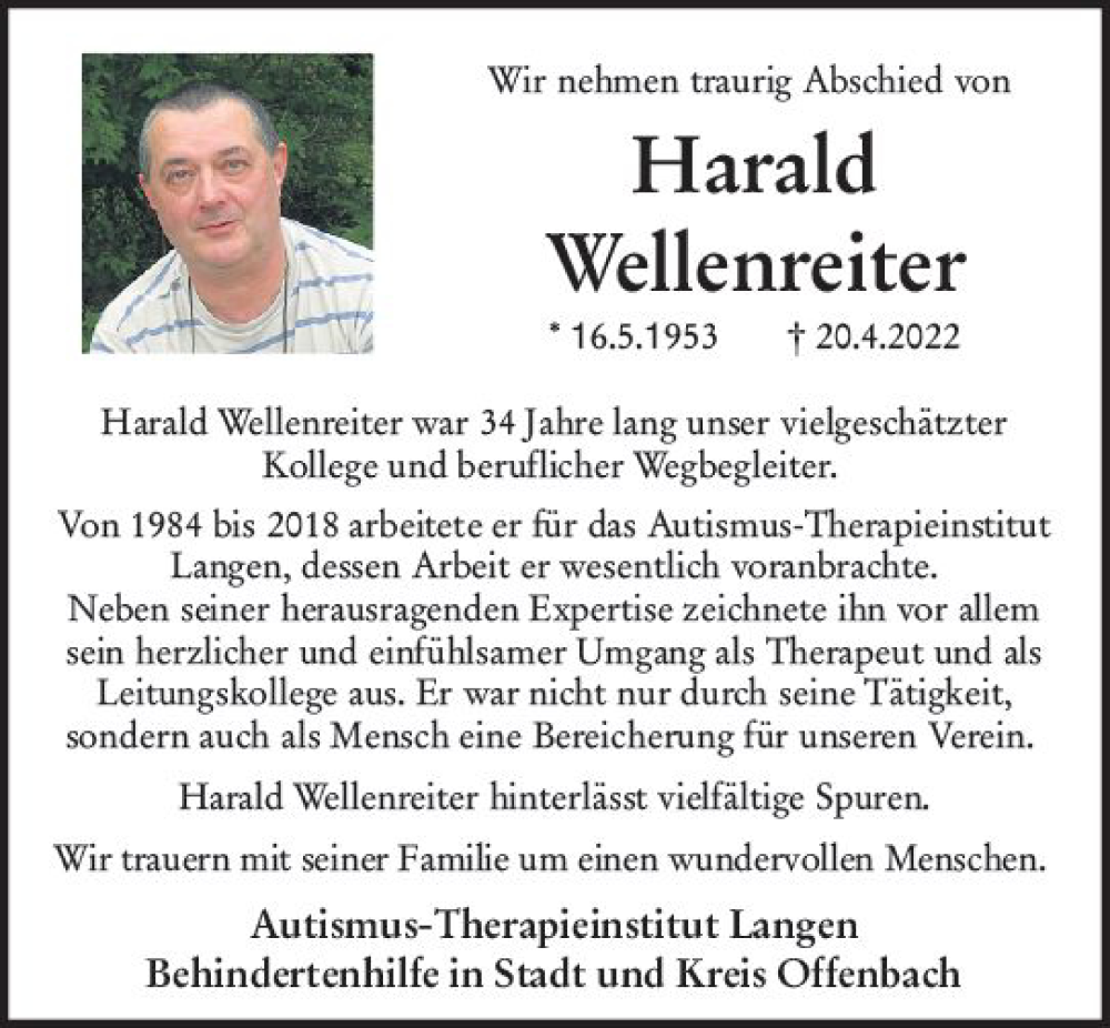  Traueranzeige für Harald Wellenreiter vom 14.05.2022 aus vrm-trauer Odenwälder Echo