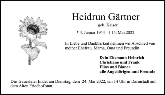 Traueranzeige von Heidrun Gärtner von vrm-trauer Darmstädter Echo