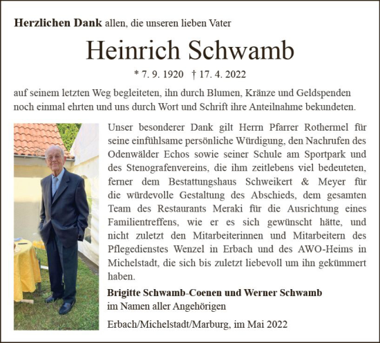 Traueranzeige von Heinrich Schwamb von vrm-trauer Odenwälder Echo