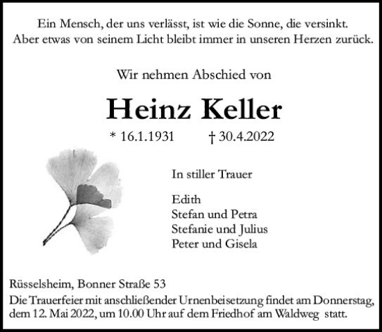 Traueranzeige von Heinz Keller von vrm-trauer Rüsselsheimer Echo / MainSpitze