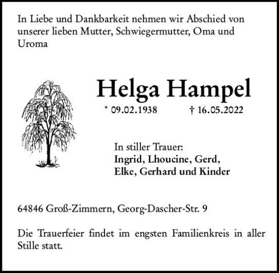 Traueranzeige von Helga Hampel von vrm-trauer DieburgerAnzeiger/Groß-Zimmerner Lokala