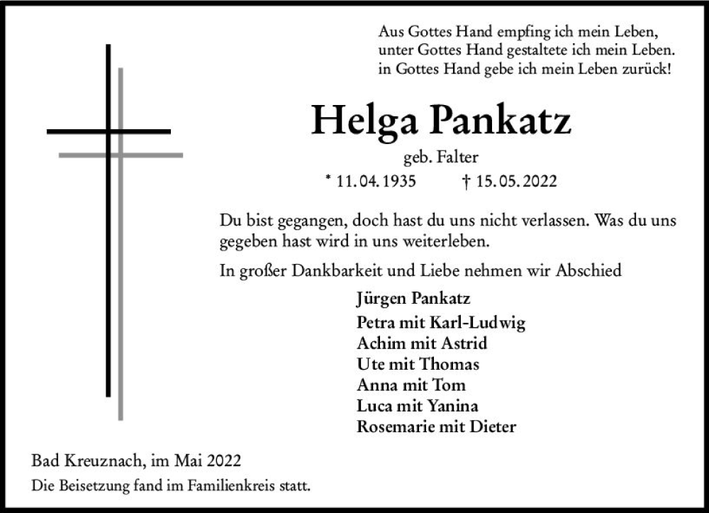  Traueranzeige für Helga Pankatz vom 28.05.2022 aus vrm-trauer Allg. Zeitung Bad Kreuznach
