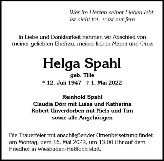 Traueranzeige von Helga Spahl von vrm-trauer Wiesbadener Kurier