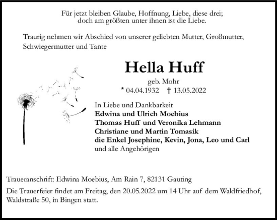 Traueranzeige von Hella Huff von vrm-trauer Allgemeine  Zeitung Ingelheim-Bingen