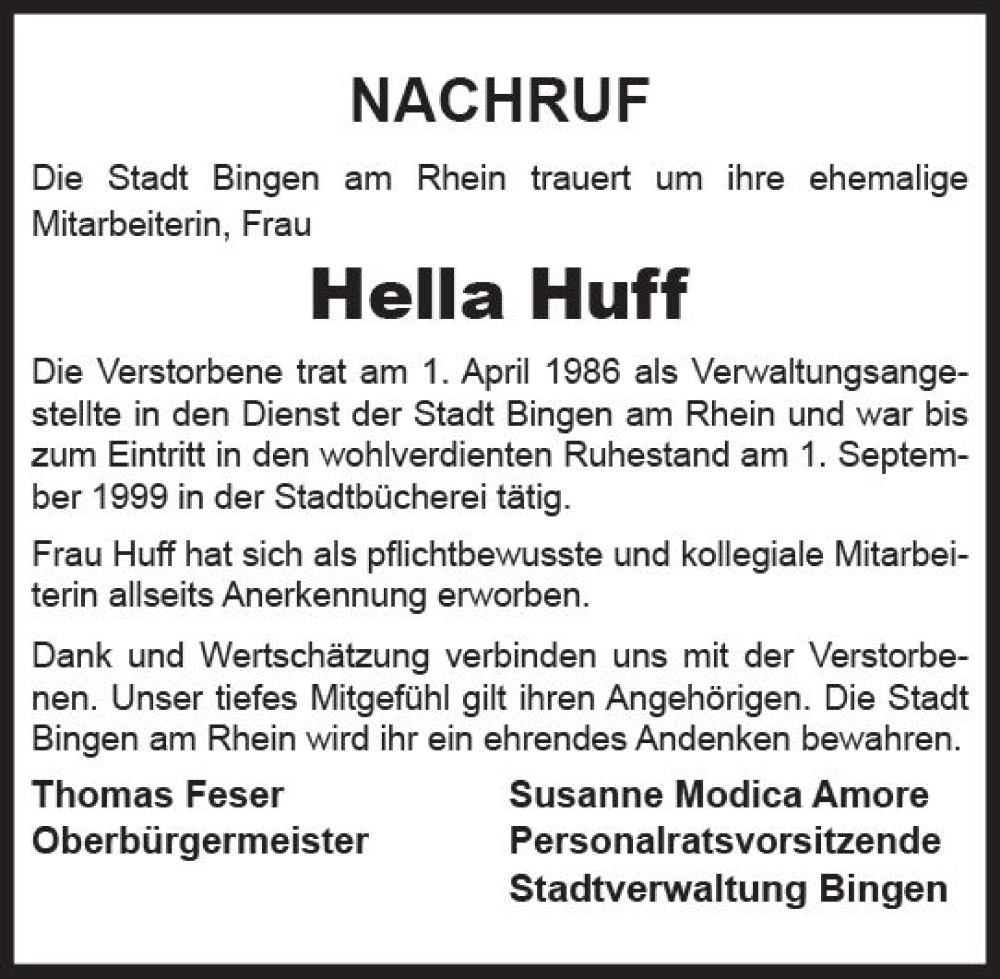  Traueranzeige für Hella Huff vom 20.05.2022 aus vrm-trauer Allgemeine  Zeitung Ingelheim-Bingen