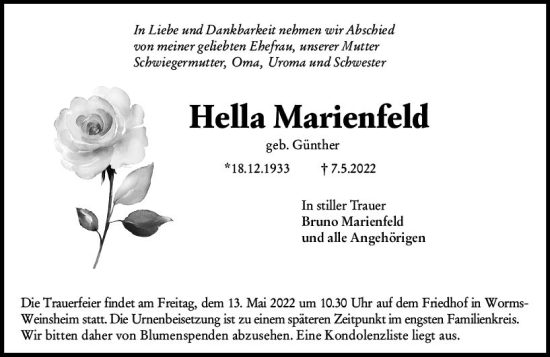 Traueranzeige von Hella Marienfeld von vrm-trauer Wormser Zeitung