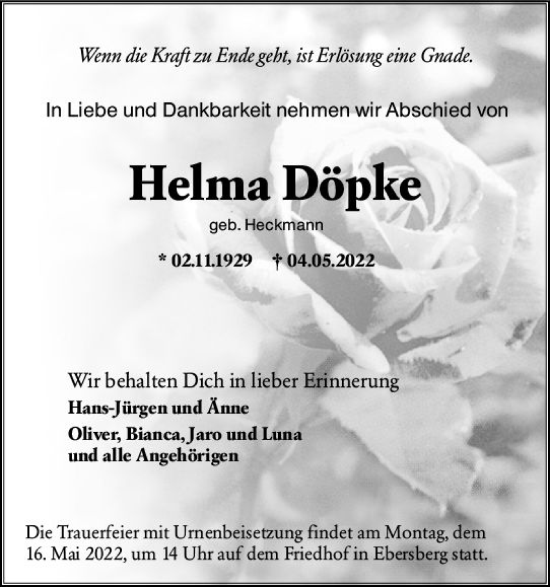 Traueranzeige von Helma Döpke von vrm-trauer Odenwälder Echo
