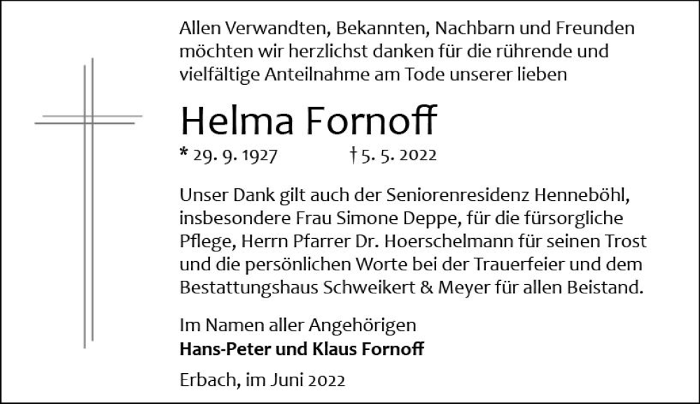  Traueranzeige für Helma Fornoff vom 28.05.2022 aus vrm-trauer Odenwälder Echo