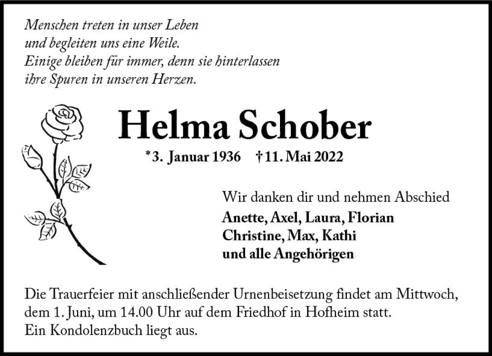 Traueranzeige für Helma Schober vom 28.05.2022 aus vrm-trauer Wormser Zeitung
