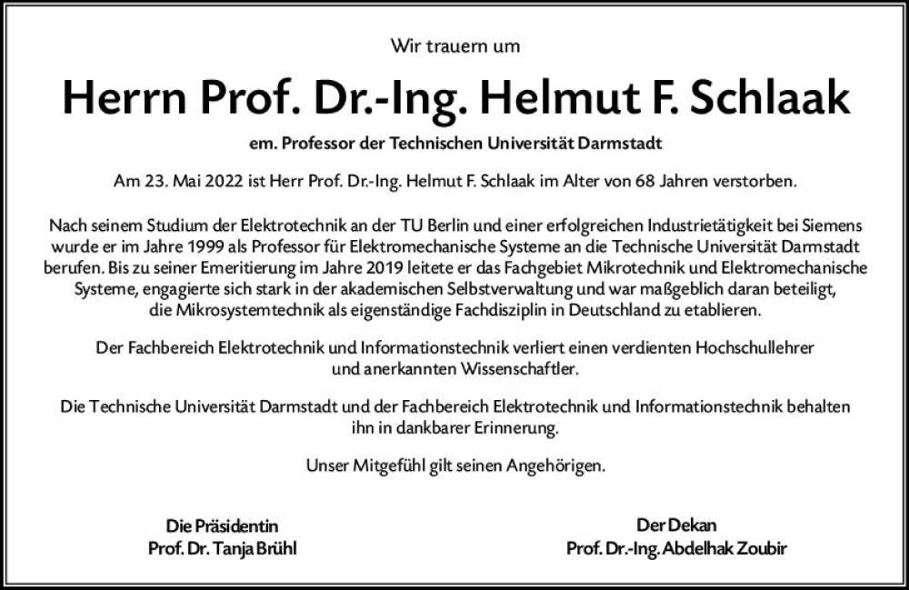  Traueranzeige für Helmut F. Schlaak vom 28.05.2022 aus vrm-trauer Darmstädter Echo