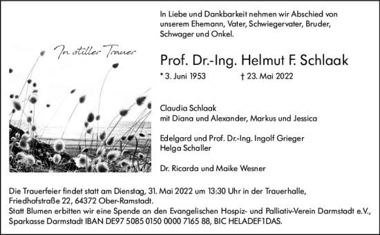 Traueranzeige von Helmut F. Schlaak von vrm-trauer Darmstädter Echo