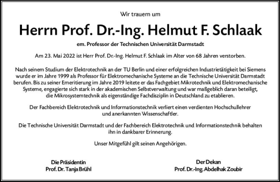 Traueranzeige von Helmut F. Schlaak von vrm-trauer Darmstädter Echo