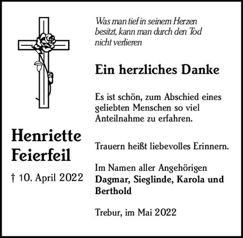  Traueranzeige für Henriette Feierfeil vom 17.05.2022 aus vrm-trauer Rüsselsheimer Echo / MainSpitze