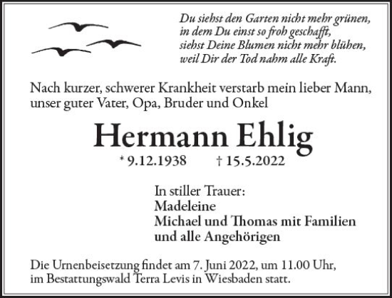 Traueranzeige von Hermann Ehlig von vrm-trauer Wiesbadener Kurier