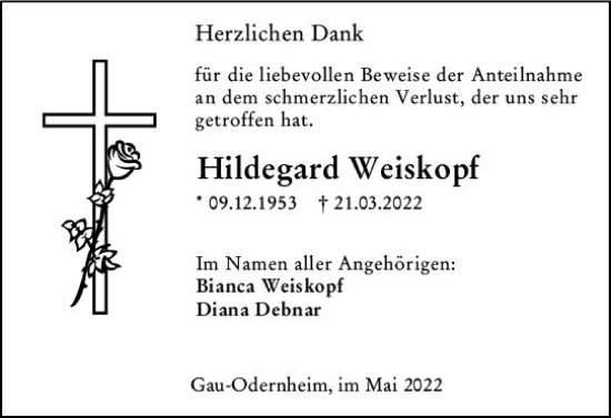 Traueranzeige von Hildegard Weiskopf von vrm-trauer Allgemeine Zeitung Alzey