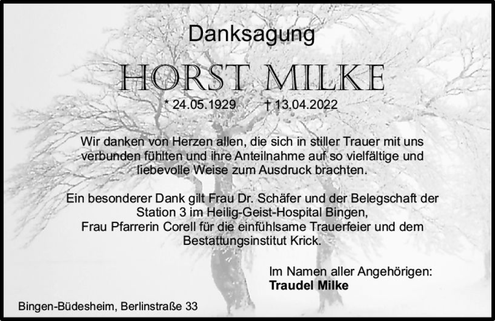  Traueranzeige für Horst Milke vom 25.05.2022 aus vrm-trauer Allgemeine  Zeitung Ingelheim-Bingen