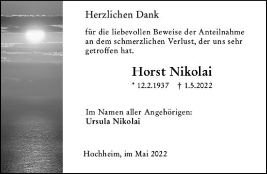 Traueranzeige von Horst Nikolai von vrm-trauer Hochheimer Zeitung