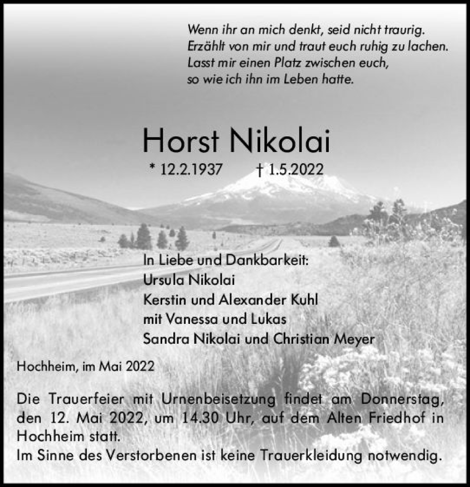  Traueranzeige für Horst Nikolai vom 06.05.2022 aus vrm-trauer Hochheimer Zeitung