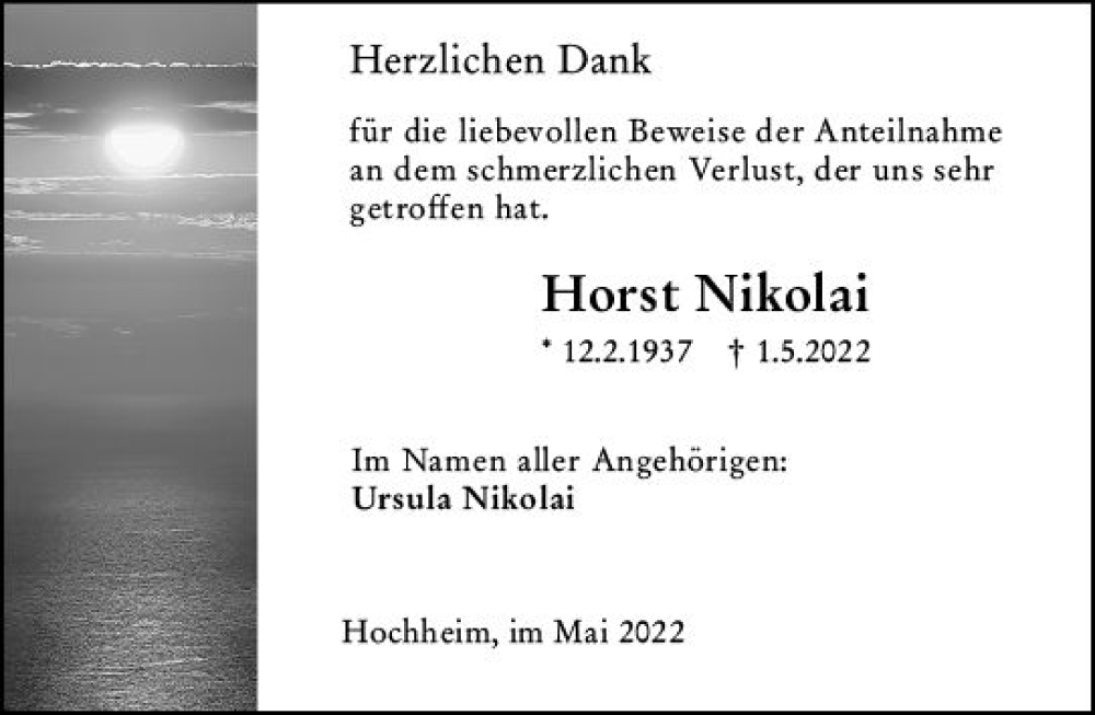  Traueranzeige für Horst Nikolai vom 20.05.2022 aus vrm-trauer Hochheimer Zeitung