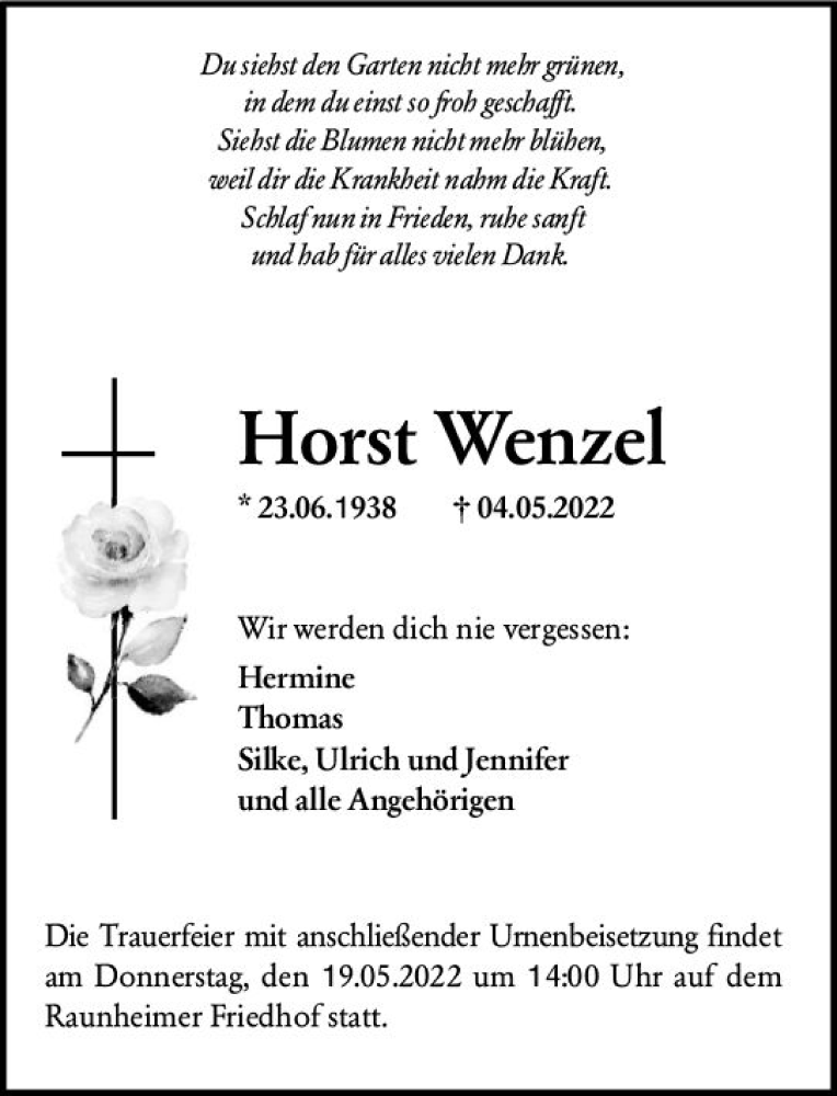 Traueranzeige für Horst Wenzel vom 14.05.2022 aus vrm-trauer Rüsselsheimer Echo / MainSpitze