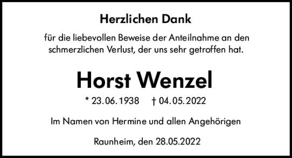  Traueranzeige für Horst Wenzel vom 28.05.2022 aus vrm-trauer Rüsselsheimer Echo / MainSpitze