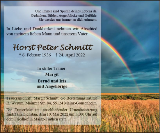Traueranzeige von Horst Peter Schmitt von vrm-trauer AZ Mainz