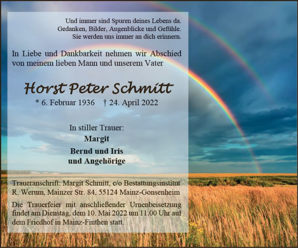  Traueranzeige für Horst Peter Schmitt vom 07.05.2022 aus vrm-trauer AZ Mainz