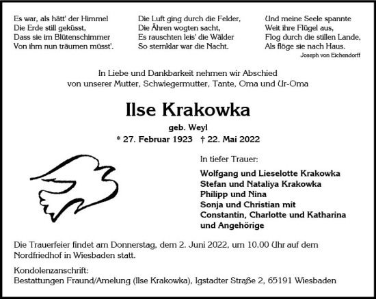 Traueranzeige von Ilse Krakowka von vrm-trauer Wiesbadener Kurier