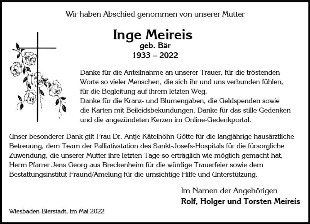  Traueranzeige für Inge Meireis vom 14.05.2022 aus vrm-trauer Wiesbadener Kurier
