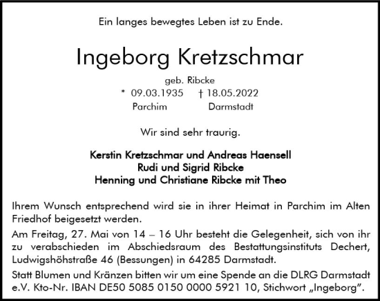 Traueranzeige von Ingeborg Kretzschmar von vrm-trauer Darmstädter Echo