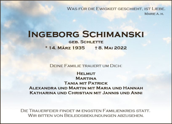 Traueranzeige von Ingeborg Schimanski von vrm-trauer Wiesbadener Kurier