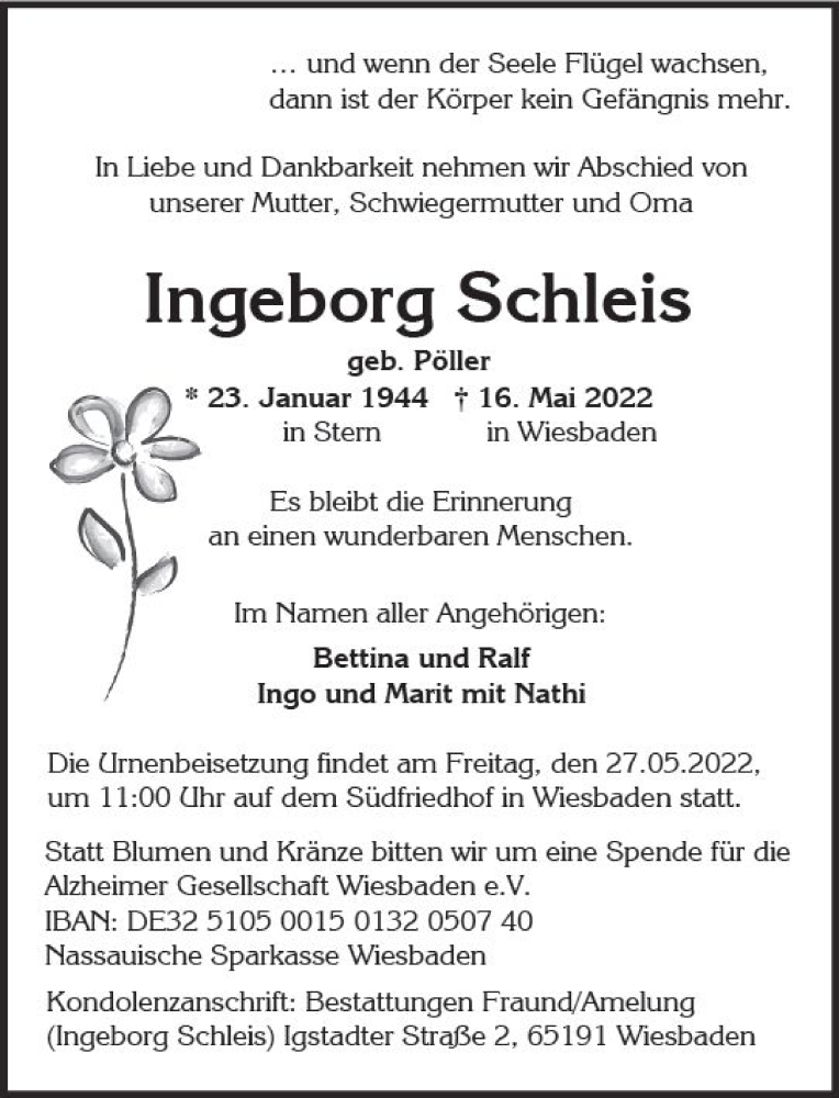  Traueranzeige für Ingeborg Schleis vom 21.05.2022 aus vrm-trauer Wiesbadener Kurier