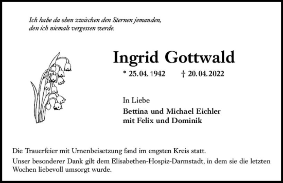 Traueranzeige von Ingrid Gottwald von vrm-trauer Darmstädter Echo