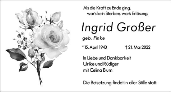 Traueranzeige von Ingrid Großer von vrm-trauer Darmstädter Echo