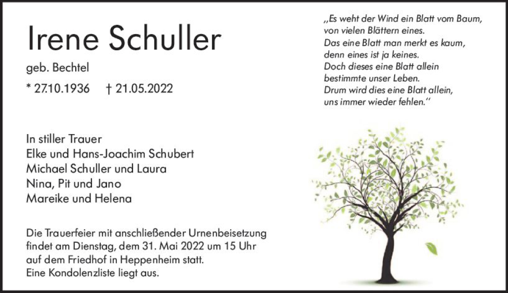  Traueranzeige für Irene Schuller vom 28.05.2022 aus vrm-trauer Bürstädter/Lamperth. Ztg/Starkenburger