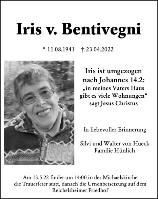 Traueranzeige von Iris v. Bentivegni von vrm-trauer Odenwälder Echo