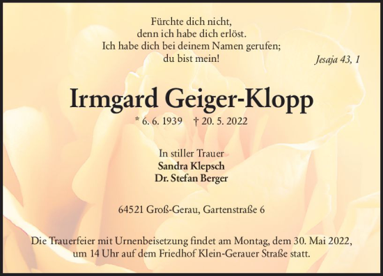 Traueranzeige von Irmgard Geiger-Klopp von vrm-trauer Groß-Gerauer Echo