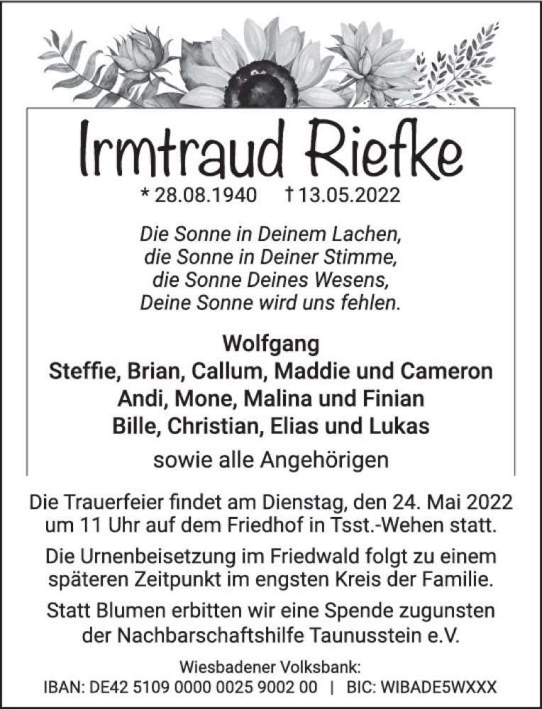 Traueranzeige für Irmtraud Riefke vom 21.05.2022 aus vrm-trauer Wiesbadener Kurier
