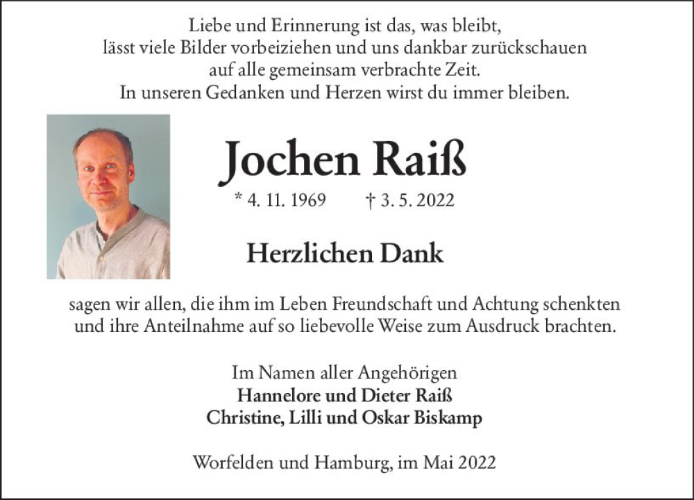  Traueranzeige für Jochen Raiß vom 28.05.2022 aus vrm-trauer Groß-Gerauer Echo