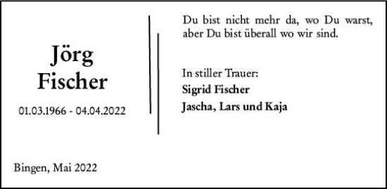 Traueranzeige von Jörg Fischer von vrm-trauer Allgemeine  Zeitung Ingelheim-Bingen