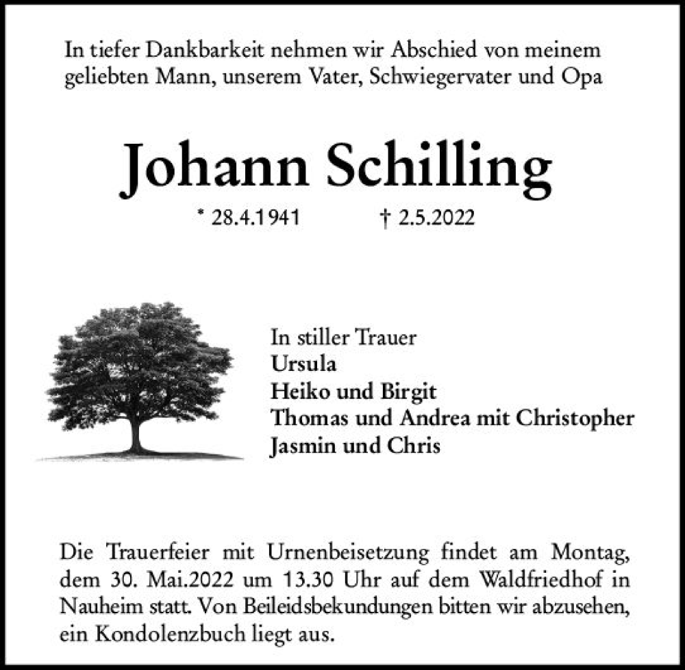  Traueranzeige für Johann Schilling vom 28.05.2022 aus vrm-trauer Rüsselsheimer Echo / MainSpitze