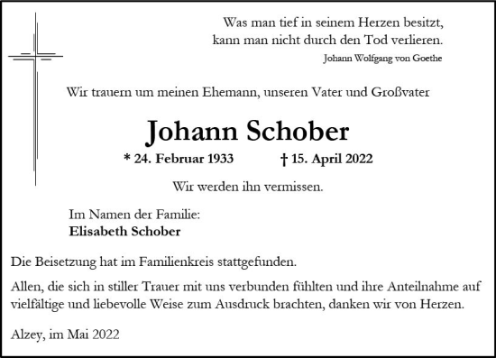 Traueranzeige von Johann Schober von vrm-trauer Allgemeine Zeitung Alzey