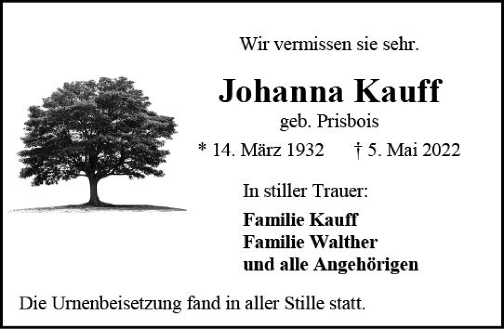 Traueranzeige für Johanna Kauff vom 28.05.2022 aus vrm-trauer AZ Mainz