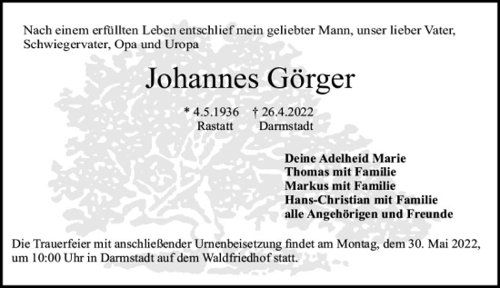 Traueranzeige von Johannes Görger von vrm-trauer Darmstädter Echo