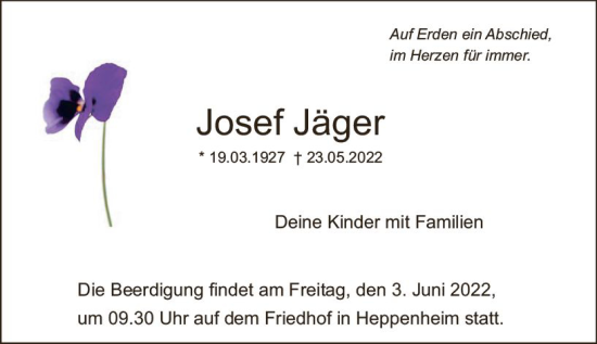 Traueranzeige von Josef Jäger von vrm-trauer Bürstädter/Lamperth. Ztg/Starkenburger