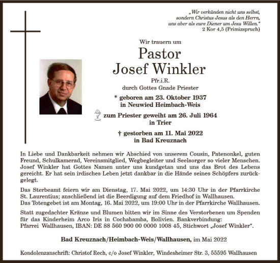 Traueranzeige von Josef Winkler von vrm-trauer Allg. Zeitung Bad Kreuznach